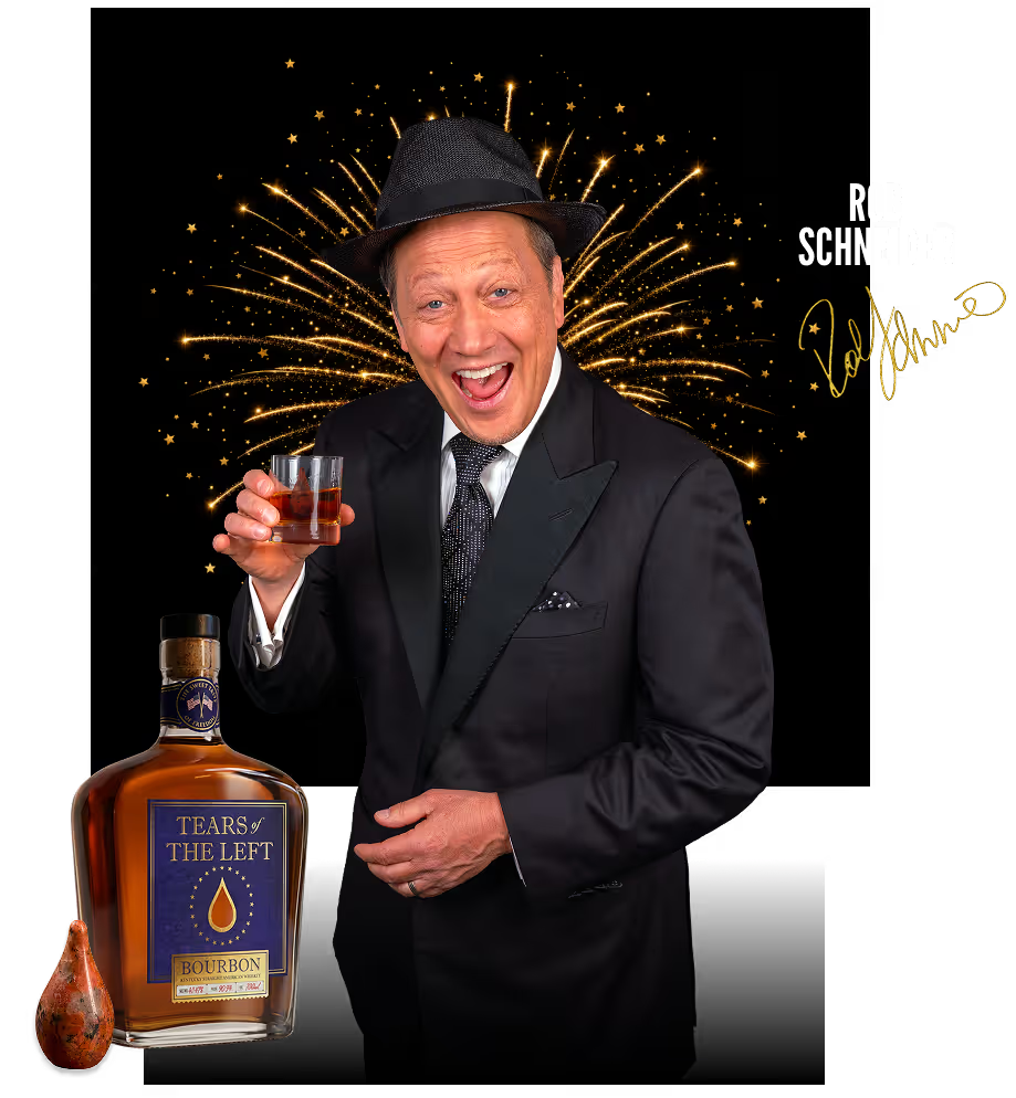 Rob Schneider holding Tears of the Left Bourbon.