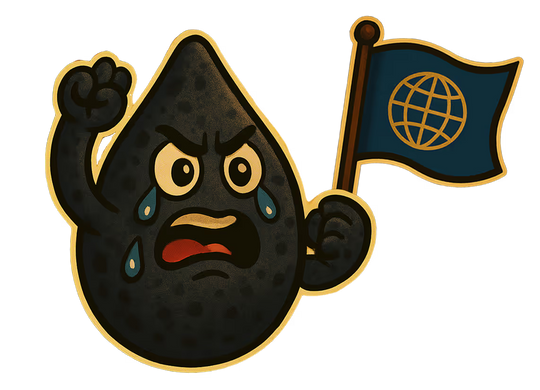 Tears of the Left angry crying tear mascot waving a globe flag, cartoon of global elitists
