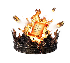 A fiery piece of parchment burns above a crown.
