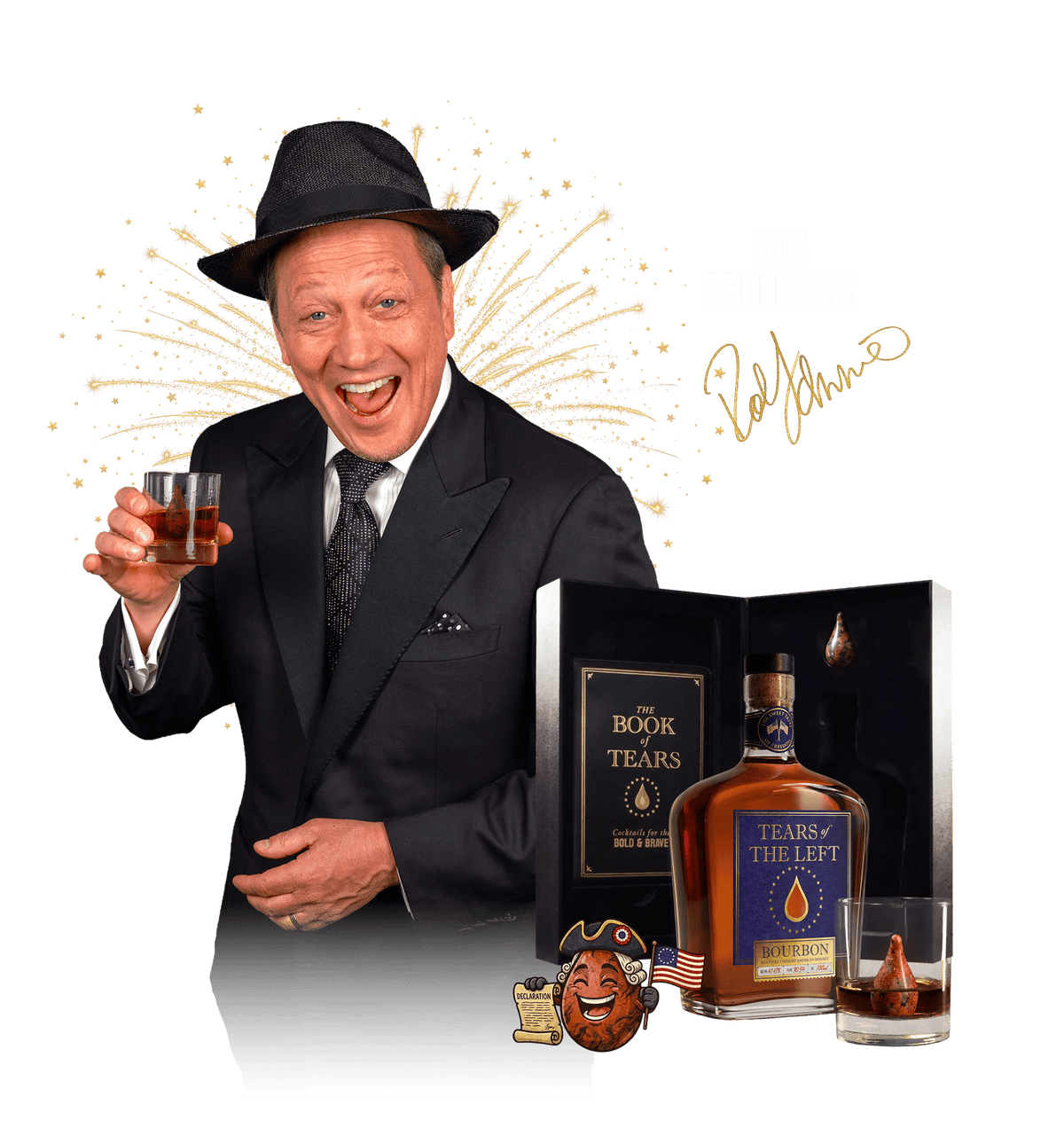 Rob Schneider holding Tears of the Left Bourbon.