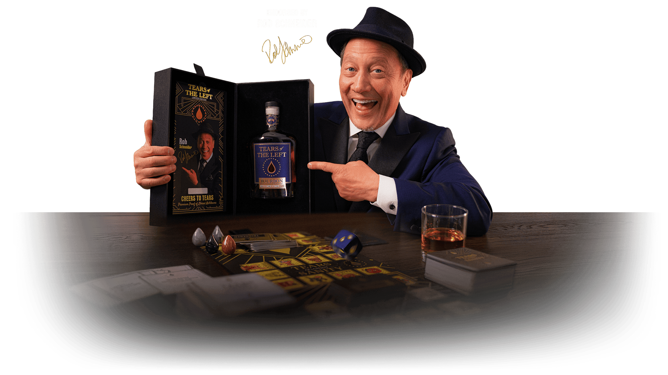 Rob Schneider pointing to the Tears Against Sanity collector box.