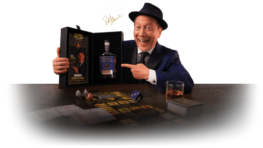 Rob Schneider pointing to the Tears Against Sanity collector box.