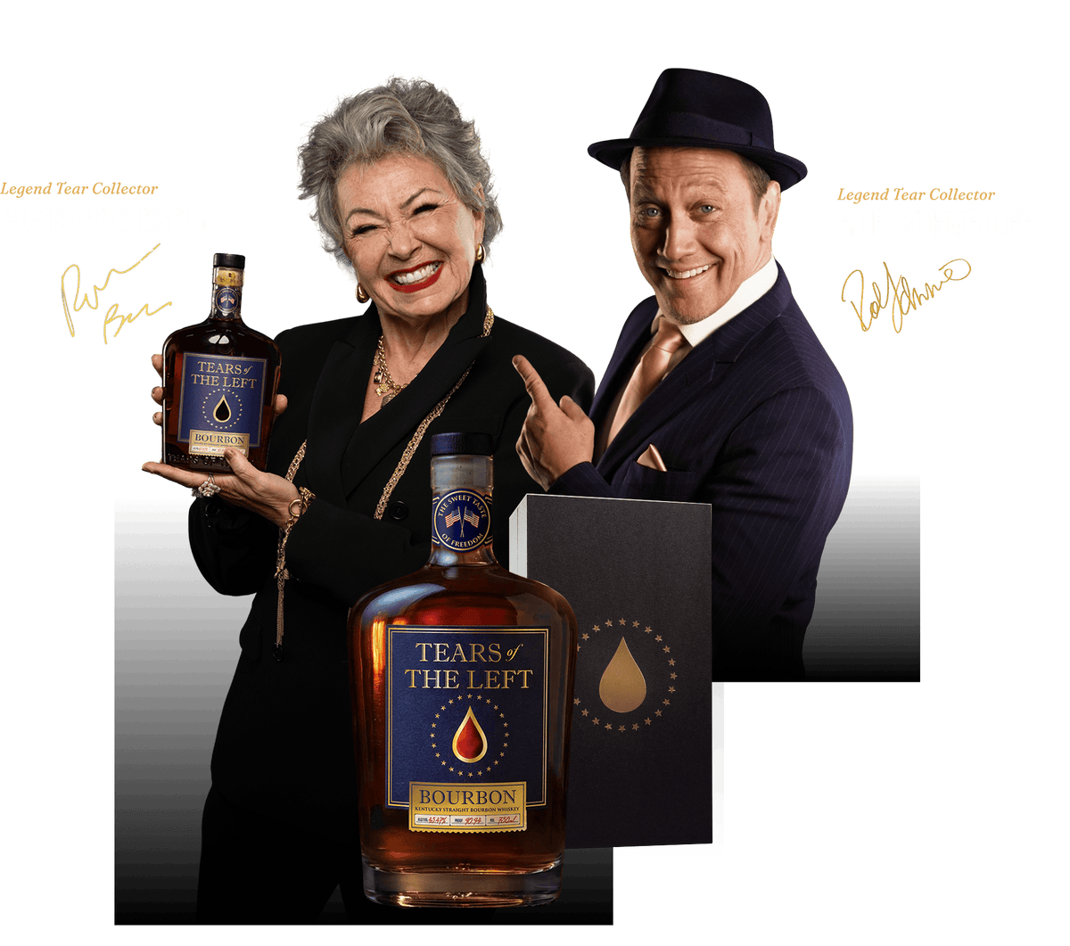 Legend Tear Collectors Roseanne Barr and Rob Schneider with Tears of the Left Kentucky Bourbon