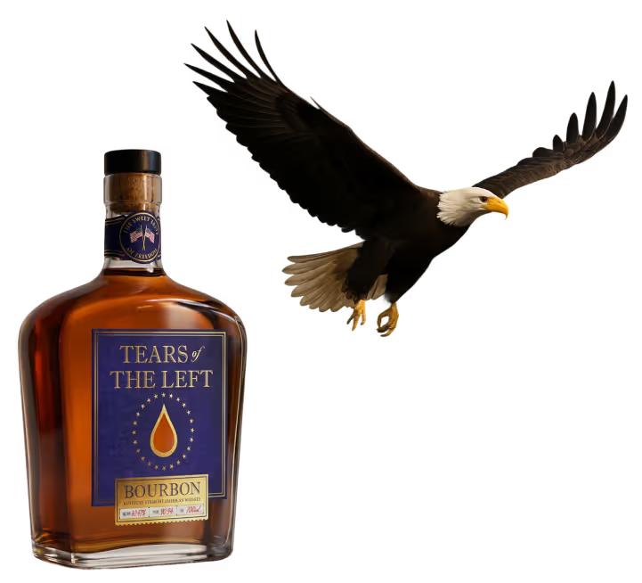 Bottle of Tears of The Left bourbon next to a flying bald eagle.