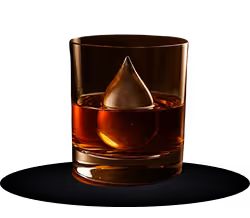 A glass of bourbon with a tear-shaped whiskey stone.